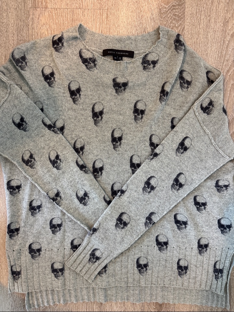 Skull Cashmere Heather Gray Crewneck Sweater With Black Skull Pattern